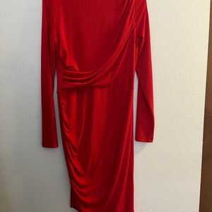 H&M Red Long-Sleeve Draped Midi Dress